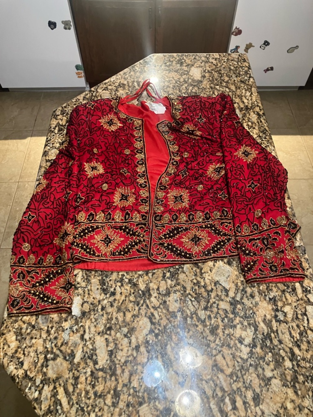 Papell Boutique Red Evening Top with Heavy, Sparkly Beading  Detail